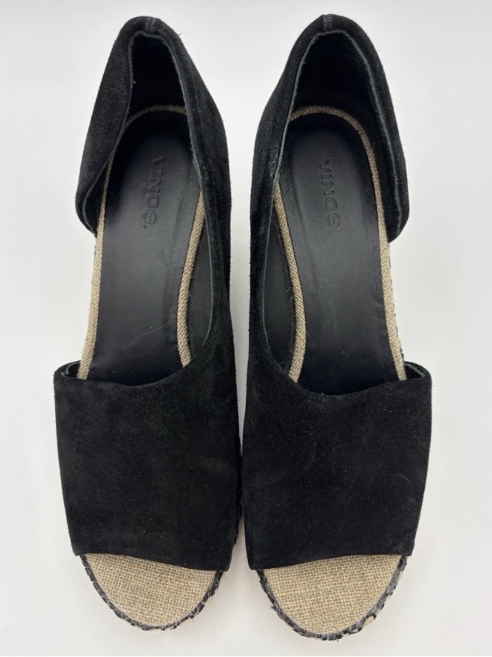 Vince Sonora black suede espadrille wedge sandals featuring an open peep-toe 8.5